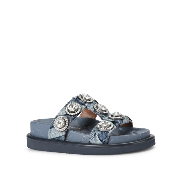 The Orson Crystal Sandal arrives in a denim fabric with quilted effect. The strap is topped with oversized crystals. Overstitched quilted insole with padding, seen across the collections.