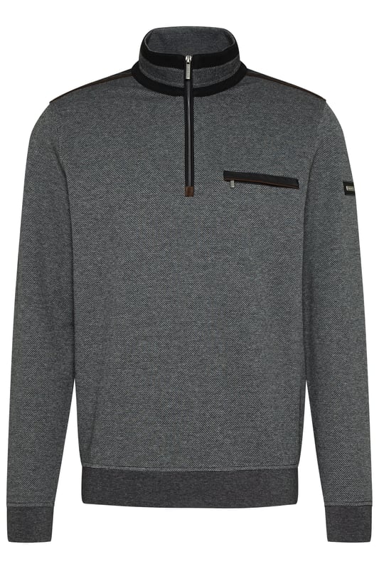 De sweat troyer is gemaakt van een kleine veelkleurige structuur. Hij kan worden gedragen met de rits dicht als een moderne opstaande kraag, maar de troyer slaat ook een mooi figuur met de rits open. De katoen-elastaanmix maakt het kledingstuk bijzonder comfortabel en biedt veel bewegingsvrijheid.