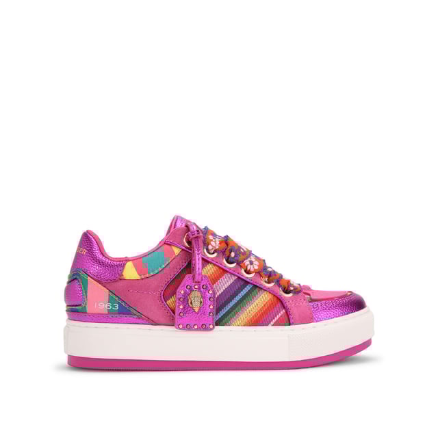 This Kurt Geiger pair of Southbank Tag sneakers are crafted from a pink leather with multi-colour striped panels on either side. There are orange and blue floral wide laces at the front and a metallic pink luggage style tag on them.