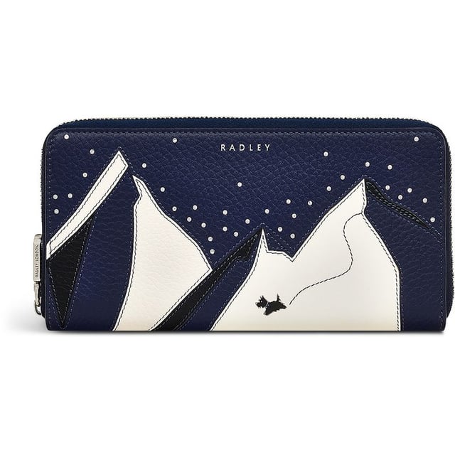 Monedero Radley Mountain Wanderers para mujeres en azul, fabricado en cuero. Cuenta con: seis ranuras para tarjetas, bolsillo con cremallera para monedas, secciones para billetes, cierre completo con cremallera y dimensiones de h9 x w19 x d3 cm.