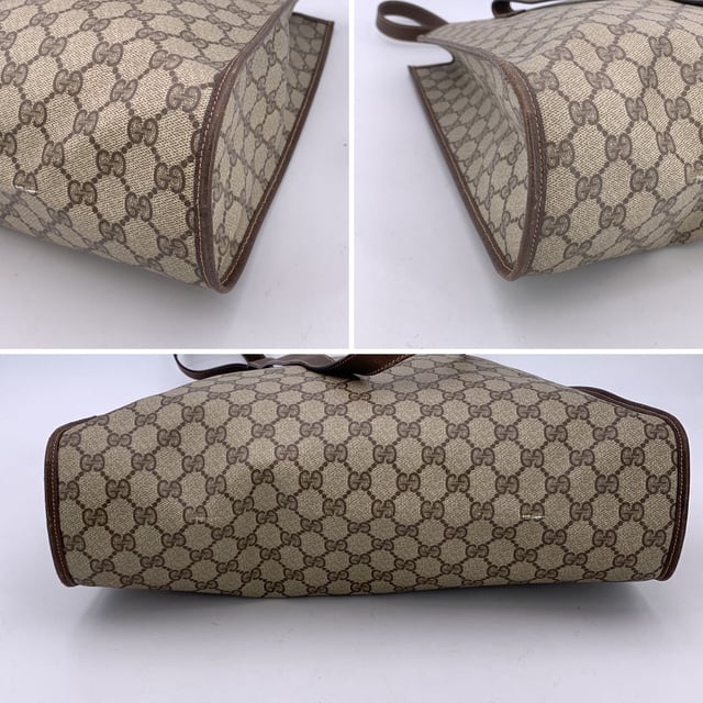 VINTAGE, RRP AS NEW
Step into the understated elegance of the past with this vintage Gucci tote bag, a refined piece from the iconic Gucci Accessory Collection. Crafted in beige monogram canvas, it proudly showcases the unmistakable GG pattern that defined an era of quiet luxury. Trimmed in rich brown genuine leather, this tote exudes both character and classic Italian craftsmanship.  The magnetic button closure opens to a beige fabric-lined interior, complete with a practical side zip pocket for your essentials. Inside, the original 'GUCCI Accessory Collection - Made in Italy' leather tag remains intact, a subtle nod to the brand's heritage and ity.  A timeless piece for those who appreciate vintage luxury with soul, this Gucci tote is more than a bag-it's a story carried on the arm. Condition Rating: B - VERY GOOD CONDITIONCondition Details: Gently used. Minimal wear of use on leather trim. A small white mark on canvas on the bottom. Please check the photos carefully and ask if you need to know more details or if you have any doubts.Measurements (cm):Depth: 11.4Height: 36.8Length: 36.8Other Details: Dustbag? NoKeys? NoBox? No Measurments:  width: 114 mm length: 368 mm height: 368 mm strap length: 0 mm handle drop: 0 mm