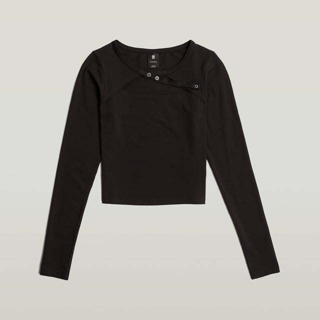 Ribbed neckline, tape with snap buttons. Eyelet at the chest. Woven G-STAR Originals label at the lower side seam. Snap button. Top Keyhole is designed in a cropped length and offers a round neck with a woven tape. Use the snap buttons to close it. Just below an eyelet is set. 95% Organic cotton, 5% Elastane. Super stretch. Jersey knit. Super Slim