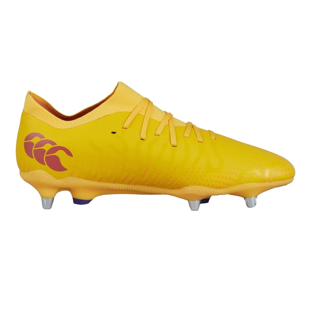 Canterbury Unisex Adult Speed Infinite Team Soft Ground Rugby Boots (Mars Red/Amber Yellow/Orange Crush) Upper: Mesh, PU (Polyurethane), Reinforced, TPU. Insole: EVA. Midsole: Synthetic. Outsole: TPU. Knitted Collar, Lightweight, Neoprene Collar. Flat. Cut: Low. Design: Patterned. Toe Style: Round. Fastening: Lace Up. Suitable for: Soft Ground. Sole Features: Studded. Fit: Tight.