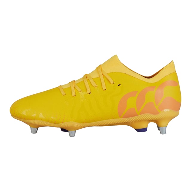 Canterbury Unisex Adult Speed Infinite Team Soft Ground Rugby Boots (Mars Red/Amber Yellow/Orange Crush) Upper: Mesh, PU (Polyurethane), Reinforced, TPU. Insole: EVA. Midsole: Synthetic. Outsole: TPU. Knitted Collar, Lightweight, Neoprene Collar. Flat. Cut: Low. Design: Patterned. Toe Style: Round. Fastening: Lace Up. Suitable for: Soft Ground. Sole Features: Studded. Fit: Tight.