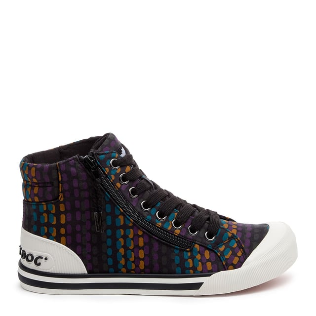 Womens Rocket Dog Cheery Corduroy High Top Trainers in black.When your outfit needs a bit of fun  these Jazzin high-tops are the answer. The bold multicolour cotton upper adds personality without trying too hard  and the side zip means you're out the door in seconds. They’re comfy enough for long walks and cute enough for city brunches  school pick-ups  or that one day you’ve accidentally triple-booked. Soft jersey lining and our signature Plush Foam Comfort Insole mean they feel as good as they look.- Multicolour cotton upper.- Round toe with rubber toe cap.- Side zip and laces.- Signature Rocket Dog branding at tongue and logo heel bumper.- Comfortable jersey fabric lining.- Plush Foam Comfort Insole for softness underfoot.- Rubber platform sole with grip tread.- Platform height: Approx. 3cm- Textile upper  Textile lining  Synthetic sole.- Ref: JAZZINHIKT
