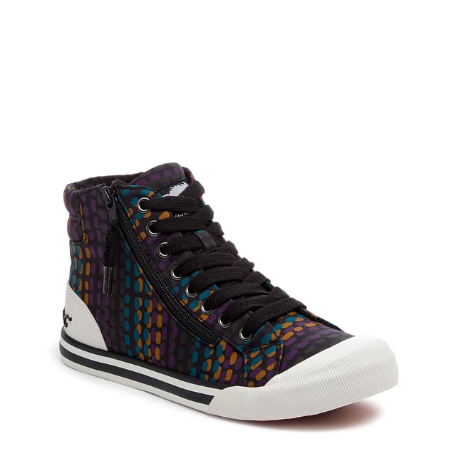 Womens Rocket Dog Cheery Corduroy High Top Trainers in black.When your outfit needs a bit of fun  these Jazzin high-tops are the answer. The bold multicolour cotton upper adds personality without trying too hard  and the side zip means you're out the door in seconds. They’re comfy enough for long walks and cute enough for city brunches  school pick-ups  or that one day you’ve accidentally triple-booked. Soft jersey lining and our signature Plush Foam Comfort Insole mean they feel as good as they look.- Multicolour cotton upper.- Round toe with rubber toe cap.- Side zip and laces.- Signature Rocket Dog branding at tongue and logo heel bumper.- Comfortable jersey fabric lining.- Plush Foam Comfort Insole for softness underfoot.- Rubber platform sole with grip tread.- Platform height: Approx. 3cm- Textile upper  Textile lining  Synthetic sole.- Ref: JAZZINHIKT