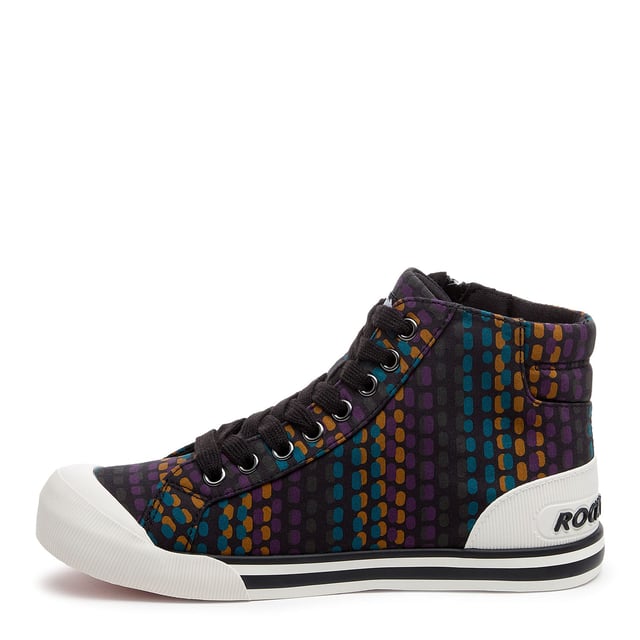 Womens Rocket Dog Cheery Corduroy High Top Trainers in black.When your outfit needs a bit of fun  these Jazzin high-tops are the answer. The bold multicolour cotton upper adds personality without trying too hard  and the side zip means you're out the door in seconds. They’re comfy enough for long walks and cute enough for city brunches  school pick-ups  or that one day you’ve accidentally triple-booked. Soft jersey lining and our signature Plush Foam Comfort Insole mean they feel as good as they look.- Multicolour cotton upper.- Round toe with rubber toe cap.- Side zip and laces.- Signature Rocket Dog branding at tongue and logo heel bumper.- Comfortable jersey fabric lining.- Plush Foam Comfort Insole for softness underfoot.- Rubber platform sole with grip tread.- Platform height: Approx. 3cm- Textile upper  Textile lining  Synthetic sole.- Ref: JAZZINHIKT
