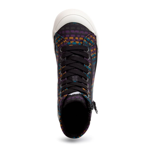 Womens Rocket Dog Cheery Corduroy High Top Trainers in black.When your outfit needs a bit of fun  these Jazzin high-tops are the answer. The bold multicolour cotton upper adds personality without trying too hard  and the side zip means you're out the door in seconds. They’re comfy enough for long walks and cute enough for city brunches  school pick-ups  or that one day you’ve accidentally triple-booked. Soft jersey lining and our signature Plush Foam Comfort Insole mean they feel as good as they look.- Multicolour cotton upper.- Round toe with rubber toe cap.- Side zip and laces.- Signature Rocket Dog branding at tongue and logo heel bumper.- Comfortable jersey fabric lining.- Plush Foam Comfort Insole for softness underfoot.- Rubber platform sole with grip tread.- Platform height: Approx. 3cm- Textile upper  Textile lining  Synthetic sole.- Ref: JAZZINHIKT
