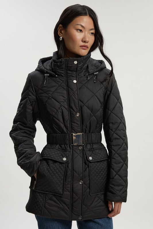 Diamond Quilted Belted Short Padded Coat