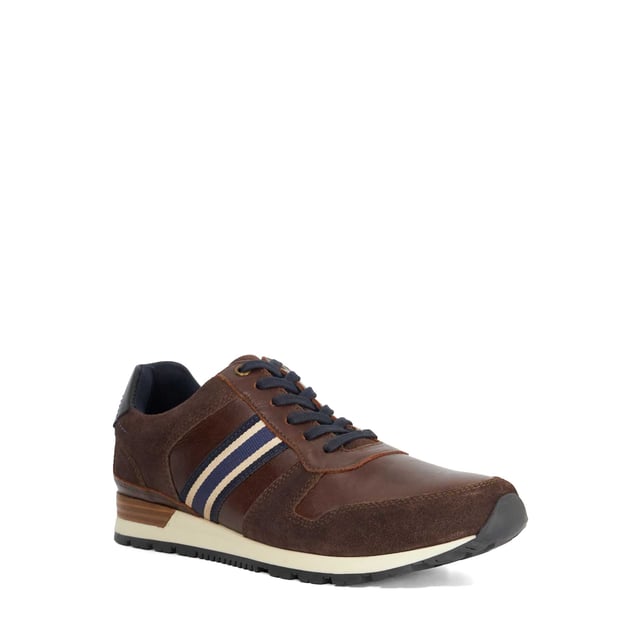 Easy to style with a suit or trousers, this hybrid runner profile is crafted from leather and detailed with contrasting panels and our signature canvas stripe that matches back to the sole. The heel has been designed with a stylish wooden insert, for a smart finish.