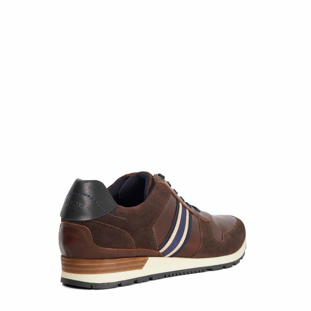Easy to style with a suit or trousers, this hybrid runner profile is crafted from leather and detailed with contrasting panels and our signature canvas stripe that matches back to the sole. The heel has been designed with a stylish wooden insert, for a smart finish.