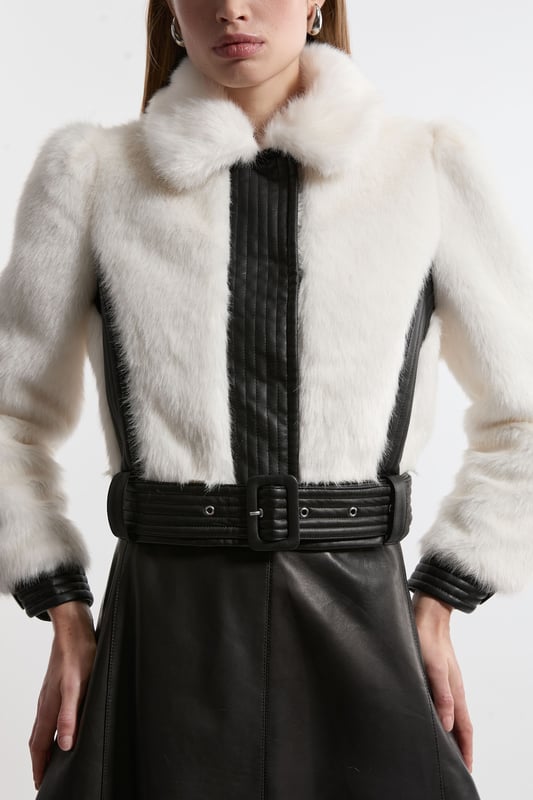 Pu Belted Fur Panelled Coat Petite Faux Fur Pu Panelled Belted