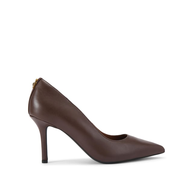 This Kurt Geiger Brixton Court heel is crafted from a dark brown leather. There is an antiqued brass padlock detail on the back of the heel. Heel height: 8.5cm.