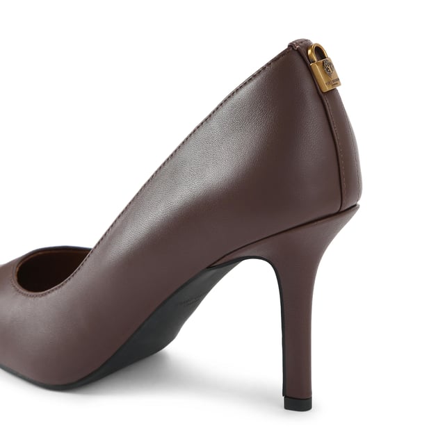 This Kurt Geiger Brixton Court heel is crafted from a dark brown leather. There is an antiqued brass padlock detail on the back of the heel. Heel height: 8.5cm.