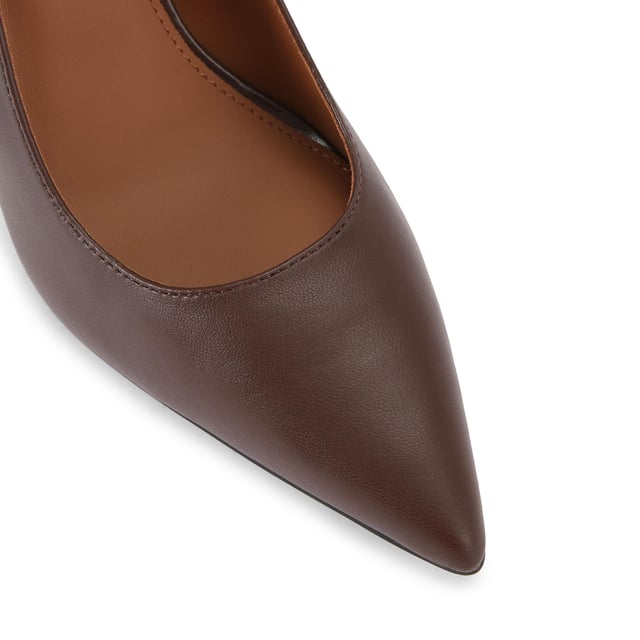 This Kurt Geiger Brixton Court heel is crafted from a dark brown leather. There is an antiqued brass padlock detail on the back of the heel. Heel height: 8.5cm.