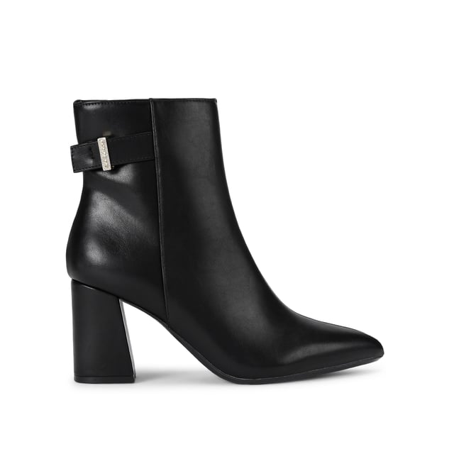 This Carvela Refined Ankle Boot is crafted from a black leather alternative. There is a  gold branded charm on the ankle strap. Heel height: 7.5cm. This product features All Day Long technology.