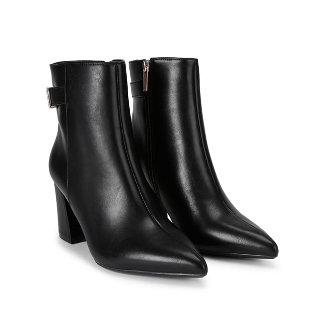 This Carvela Refined Ankle Boot is crafted from a black leather alternative. There is a  gold branded charm on the ankle strap. Heel height: 7.5cm. This product features All Day Long technology.