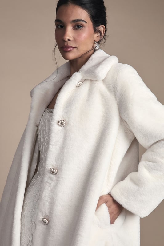 Diamante Fur Button Through Occasion Coat