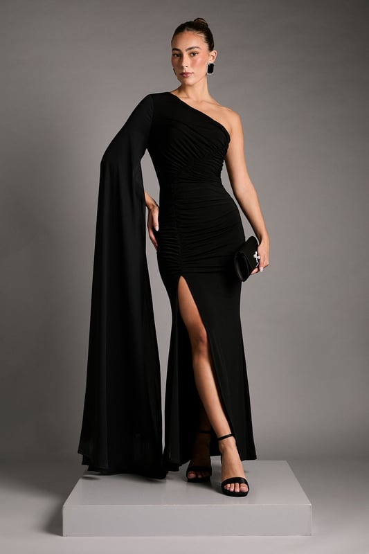 One Shoulder Slinky Maxi Dress with Ruched Detailing