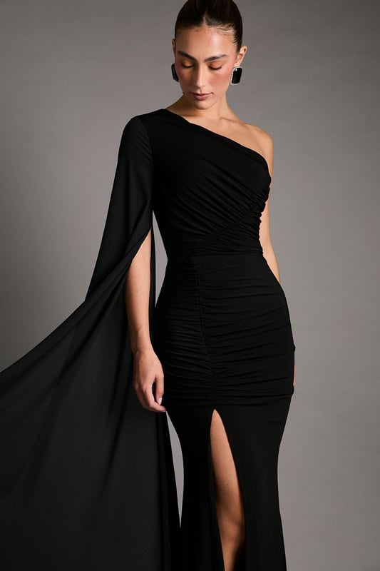 One Shoulder Slinky Maxi Dress with Ruched Detailing
