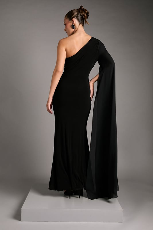 One Shoulder Slinky Maxi Dress with Ruched Detailing
