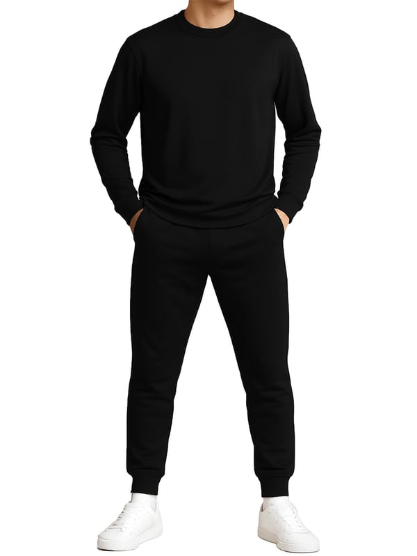 This men’s polyester tracksuit set features a long-sleeve crew neck pullover sweatshirt with matching joggers. Designed with ribbed details, an adjustable drawstring waistband, and side pockets, it combines comfort with practicality. The breathable fabric allows easy movement, making it perfect for workouts, lounging, or casual everyday wear.