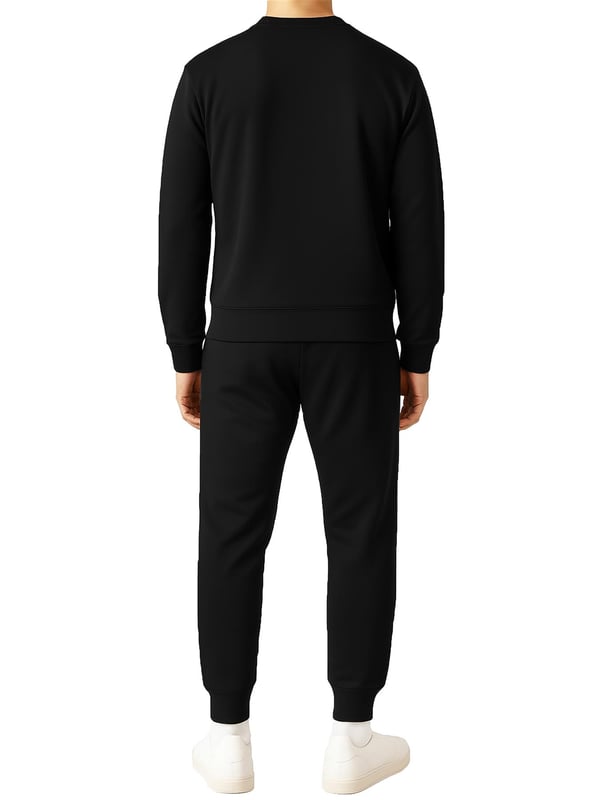 This men’s polyester tracksuit set features a long-sleeve crew neck pullover sweatshirt with matching joggers. Designed with ribbed details, an adjustable drawstring waistband, and side pockets, it combines comfort with practicality. The breathable fabric allows easy movement, making it perfect for workouts, lounging, or casual everyday wear.