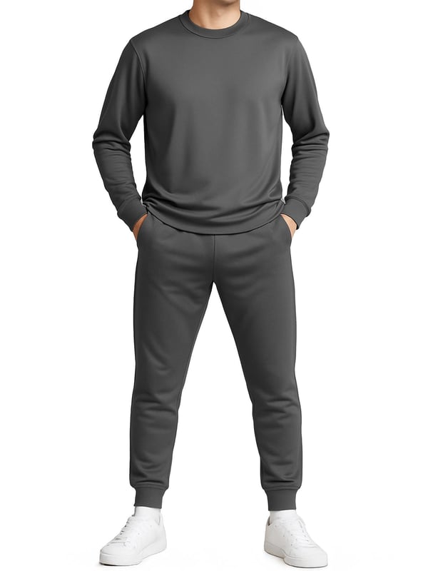 This men’s polyester tracksuit set features a long-sleeve crew neck pullover sweatshirt with matching joggers. Designed with ribbed details, an adjustable drawstring waistband, and side pockets, it combines comfort with practicality. The breathable fabric allows easy movement, making it perfect for workouts, lounging, or casual everyday wear.