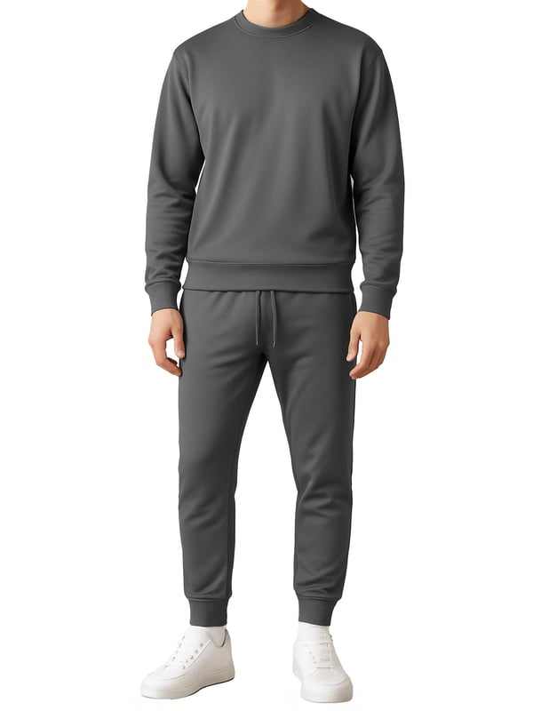 This men’s polyester tracksuit set features a long-sleeve crew neck pullover sweatshirt with matching joggers. Designed with ribbed details, an adjustable drawstring waistband, and side pockets, it combines comfort with practicality. The breathable fabric allows easy movement, making it perfect for workouts, lounging, or casual everyday wear.