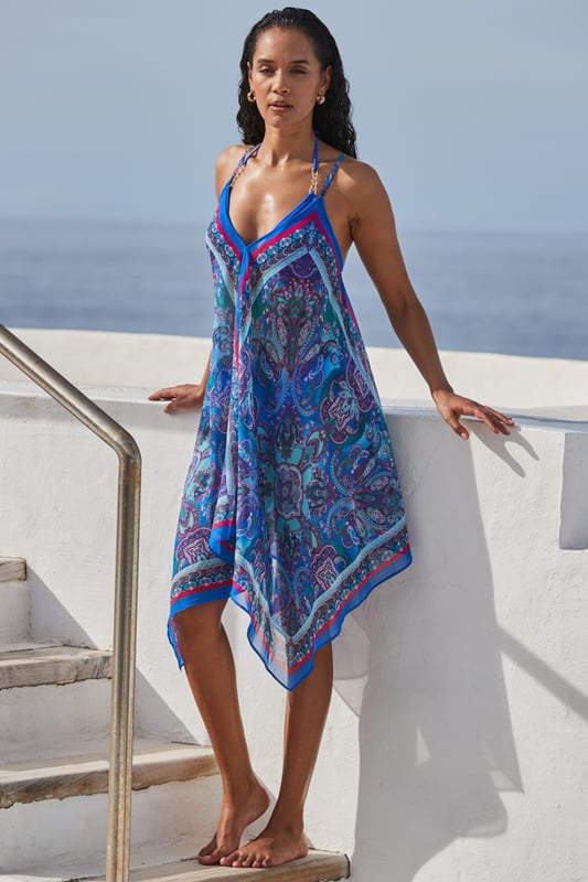 Blue Scarf Print Hanky Hem Beach Dress