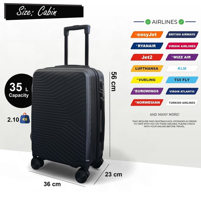 Hard Shell Black Cabin 48 x 37 x 20 cm Secure Luggage Suitcase Suitable for Easyjet, Ryanair Discover the perfect blend of elegance, durability, and convenience with our Strong Hardshell Cabin Suitcase. Designed with a stunning finish, this cabin luggage is crafted for the modern traveler, offering strength and sophistication for all your journeys.
Features:
Premium ABS Shell: Lightweight yet tough, delivering exceptional protection against wear and tear.
Durable Frame: Adds durability and structural integrity, ensuring long-lasting performance.
Integrated Locks: Secure your belongings with built-in combination locks for added peace of mind.
8 Smooth Dual Wheels: Provides effortless 360° maneuverability, making navigation through airports and busy streets a breeze.
Ergonomic Telescopic Handle: Designed for comfortable handling and ease of use.
Stylish Interior: Fully lined with elasticated straps, zippered compartments, and mesh dividers for organized packing.
Size & Specification:
Dimensions: 36 x 23 x 56 cm
Weight: 2.10 kg
Capacity: 35L