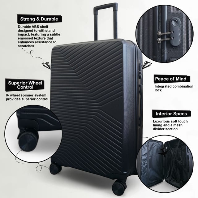 Hard Shell Black Cabin 48 x 37 x 20 cm Secure Luggage Suitcase Suitable for Easyjet, Ryanair Discover the perfect blend of elegance, durability, and convenience with our Strong Hardshell Cabin Suitcase. Designed with a stunning finish, this cabin luggage is crafted for the modern traveler, offering strength and sophistication for all your journeys.
Features:
Premium ABS Shell: Lightweight yet tough, delivering exceptional protection against wear and tear.
Durable Frame: Adds durability and structural integrity, ensuring long-lasting performance.
Integrated Locks: Secure your belongings with built-in combination locks for added peace of mind.
8 Smooth Dual Wheels: Provides effortless 360° maneuverability, making navigation through airports and busy streets a breeze.
Ergonomic Telescopic Handle: Designed for comfortable handling and ease of use.
Stylish Interior: Fully lined with elasticated straps, zippered compartments, and mesh dividers for organized packing.
Size & Specification:
Dimensions: 36 x 23 x 56 cm
Weight: 2.10 kg
Capacity: 35L