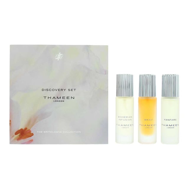 Thameen Britologne Collection Discovery Set is a refined trio of Eau de Cologne Elixirs from Thameen’s Britologne Collection. This gift set is perfect for gifting or fragrance exploration. Each scent is a contemporary twist on classic cologne, inspired by the essence and elegance of Covent Garden.

Fanfare is a bright and vivacious cologne that captures the essence of Covent Garden’s flower market, blending citrus, herbs, and floral freshness into a lively, elegant accord.
Top Notes: Bergamot, Lemon, Neroli, Flower‑Market Accord
Heart Notes: Rosemary, Vermouth, Juniper Berry 
Base Notes: Musk, Patchouli, Vetiver 

Bohemian Infusion is a dual-natured scent that contrasts bright citrus and spice with darker aromatic and resinous facets—edgy yet poetic, echoing Covent Garden’s bohemian spirit.
Top Notes: Grapefruit, Petitgrain, Blackcurrant, Cardamom  
Heart Notes: Artemisia, Longoza, Cinnamon, Myrtle 
Base Notes: Ambrostar, Labdanum, Ambre 84 de Laire, Patchouli  
Bravi is a soft and sumptuous cologne that blends creamy gourmand sweetness with elegant florals and warm spice, evoking the lush drama and artistry of the Covent Garden Opera House.
Top Notes: Bergamot, Bitter Orange, Ginger
Heart Notes: Tuberose, Saffron, Honey  
Base Notes: Walnut Milk Accord, Vanilla, Tobacco  
How to Apply
Begin with clean, dry skin.

Spray onto your body’s warmest areas—such as the wrists, inner elbows, or neck—for enhanced projection and longevity.

Avoid rubbing after application, as it can diminish the scent’s lifespan.

For wrist application, apply after hand washing to ensure the fragrance settles cleanly and vibrant.