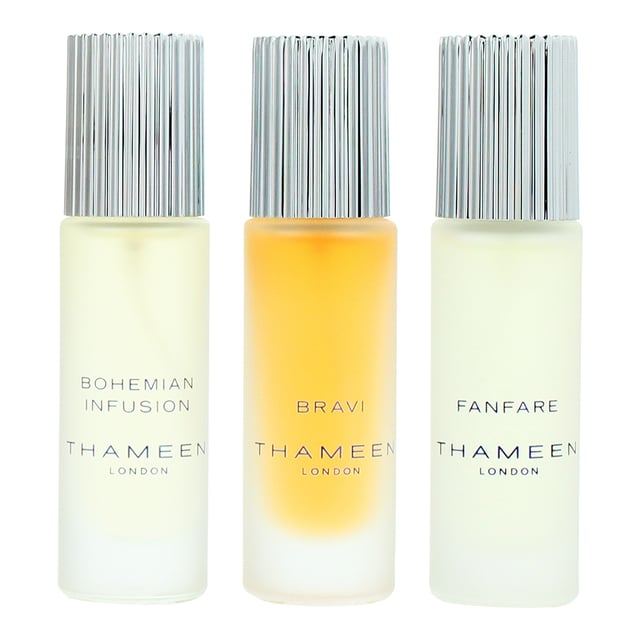 Thameen Britologne Collection Discovery Set is a refined trio of Eau de Cologne Elixirs from Thameen’s Britologne Collection. This gift set is perfect for gifting or fragrance exploration. Each scent is a contemporary twist on classic cologne, inspired by the essence and elegance of Covent Garden.

Fanfare is a bright and vivacious cologne that captures the essence of Covent Garden’s flower market, blending citrus, herbs, and floral freshness into a lively, elegant accord.
Top Notes: Bergamot, Lemon, Neroli, Flower‑Market Accord
Heart Notes: Rosemary, Vermouth, Juniper Berry 
Base Notes: Musk, Patchouli, Vetiver 

Bohemian Infusion is a dual-natured scent that contrasts bright citrus and spice with darker aromatic and resinous facets—edgy yet poetic, echoing Covent Garden’s bohemian spirit.
Top Notes: Grapefruit, Petitgrain, Blackcurrant, Cardamom  
Heart Notes: Artemisia, Longoza, Cinnamon, Myrtle 
Base Notes: Ambrostar, Labdanum, Ambre 84 de Laire, Patchouli  
Bravi is a soft and sumptuous cologne that blends creamy gourmand sweetness with elegant florals and warm spice, evoking the lush drama and artistry of the Covent Garden Opera House.
Top Notes: Bergamot, Bitter Orange, Ginger
Heart Notes: Tuberose, Saffron, Honey  
Base Notes: Walnut Milk Accord, Vanilla, Tobacco  
How to Apply
Begin with clean, dry skin.

Spray onto your body’s warmest areas—such as the wrists, inner elbows, or neck—for enhanced projection and longevity.

Avoid rubbing after application, as it can diminish the scent’s lifespan.

For wrist application, apply after hand washing to ensure the fragrance settles cleanly and vibrant.