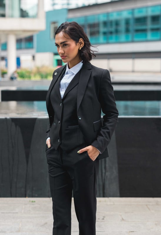 Werten Sie Ihre professionelle Garderobe mit diesem dreiteiligen Damenanzug in klassischem, schlichtem Schwarz auf. Er wurde für eine schlanke und strukturierte Silhouette entworfen und besteht aus einem passenden Blazer, einer Weste und einer Hose, die den Körper betont, ohne auf Komfort zu verzichten. Perfekt fürs Büro, Vorstellungsgespräche oder formelle Anlässe bietet dieses vielseitige Set endlose Styling-Möglichkeiten – tragen Sie es zusammen für einen eleganten Look oder kombinieren Sie es mit anderen Teilen für einen lässig-eleganten Look. Hergestellt aus einer Mischung aus Polyester, Viskose und Lycra bietet es sowohl Strapazierfähigkeit als auch einen Hauch von Stretch für ganztägigen Tragekomfort. Wichtige Eigenschaften: Maßgeschneiderte Passform: Konturiert den Körper für eine klare und strukturierte Silhouette. Komplettes 3-teiliges Set: Beinhaltet Blazer, Weste und Hose. Klassisches schlichtes schwarzes Finish: Zeitlos und vielseitig für alle professionellen Umgebungen. Kleidung für mehrere Anlässe: Ideal fürs Geschäft, Vorstellungsgespräche und formelle Anlässe. Styling-Flexibilität: Kann als komplettes Set oder kombiniert mit anderen Kleidungsstücken getragen werden. Bequeme Stoffmischung: 65 % Polyester, 32 % Viskose, 3 % Lycra für Dehnbarkeit und Haltbarkeit.