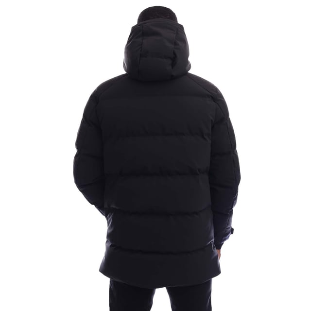 Mens Belstaff Pendulum Down Jacket in black.- Adjustable drawcord hood.- Double centre front zip fastening  snap button placket.- Two side pockets  internal pocket.- Adjustable storm cuffs with thumbholes.- Adjustable drawcord hem.- Fleece-lined chin guard.- Belstaff silicone logo on placket and cuffs  woven logo on sleeve.- Water-repellent padded.- 3-Layer Stretch Down.- 90% Polyester  10% Elastane.- Ref: 105314BLACK