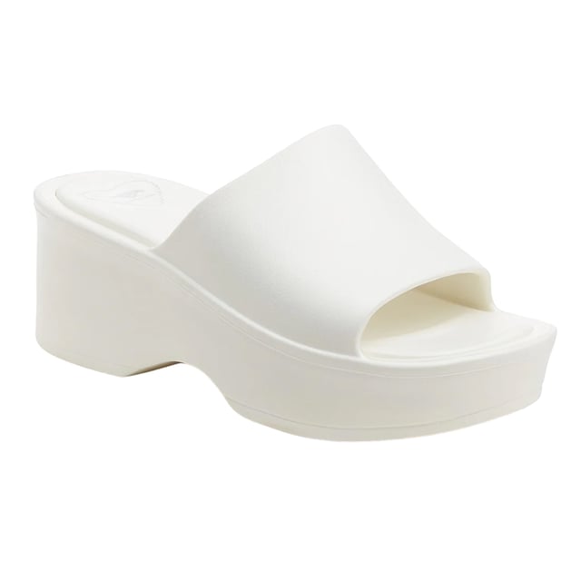 EVA-voetbed. Sleehak. Hakhoogte: 2.7in. Ontwerp: Logo. Teenstijl: Open. Sluiting: Slip-on.
