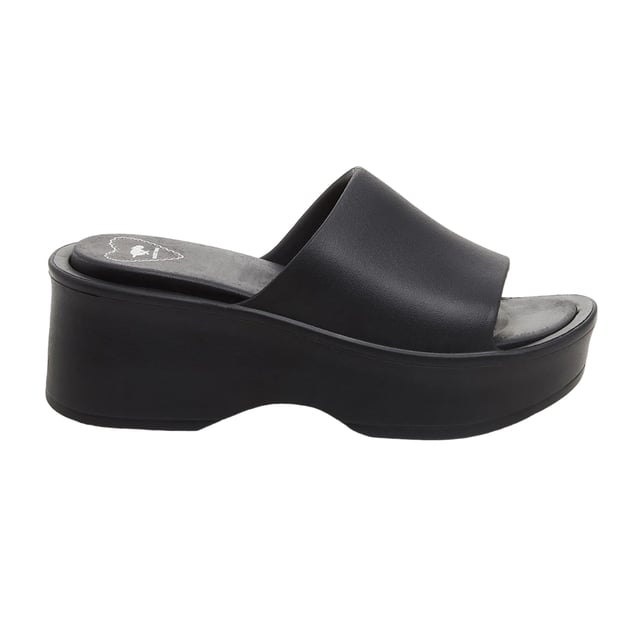 EVA-voetbed. Sleehak. Hakhoogte: 2.7in. Ontwerp: Logo. Teenstijl: Open. Sluiting: Slip-on.