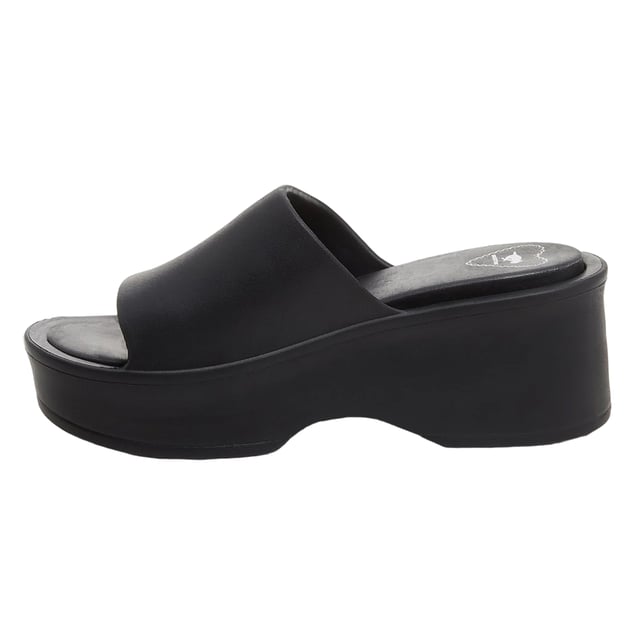 EVA-voetbed. Sleehak. Hakhoogte: 2.7in. Ontwerp: Logo. Teenstijl: Open. Sluiting: Slip-on.