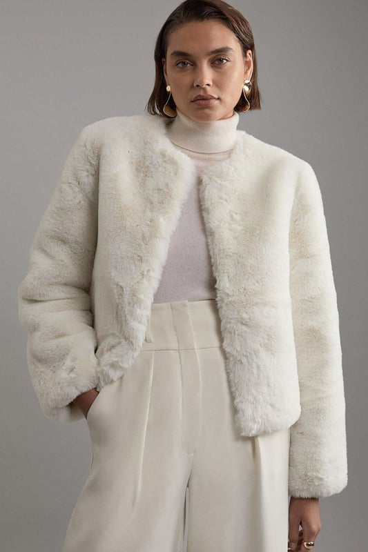 Collarless Faux Fur Jacket