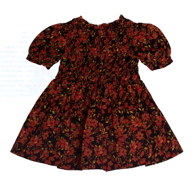 GAP-jurk voor babymeisjes met bloemenprint en gerimpelde borst\n\n Deze GAP-jurk voor babymeisjes combineert elegantie en frisheid dankzij de betoverende bloemenprint in warme tinten en het gerimpelde ontwerp, dat zorgt voor een comfortabele en vrouwelijke pasvorm. Perfect voor speciale gelegenheden of om elke dag met stijl te dragen.\n\n Details:\n Uitlopend model met een lichte flare.\n De stof voelt zacht en vloeiend aan.\n Ronde hals en korte pofmouwen.\n Over de hele lengte bloemenprint in felle kleuren.\n Gerimpeld bij de borst voor een betere pasvorm en als decoratief detail.\n\n Een babyjurk voor meisjes die ideaal is voor elke gelegenheid, van feestjes tot familie-uitstapjes, om je gracieus en comfortabel te presenteren.\n Samenstelling: 100% katoen\n Onderhoud:\nMachinewas koud met vergelijkbare kleuren.\n Drogen in de droogtrommel op lage temperatuur.\n Indien nodig strijken op middelhoge temperatuur.