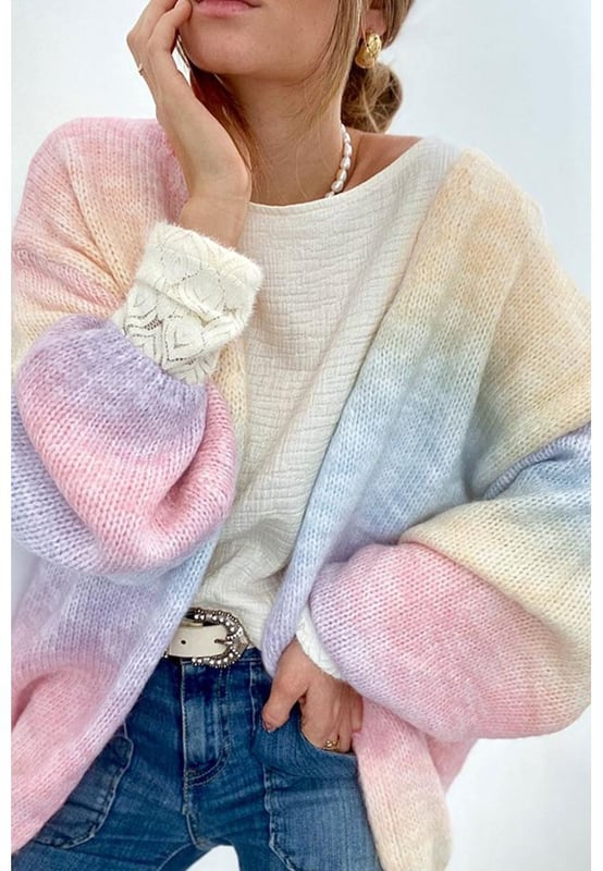 Basic style
  Slightly stretchy
  Material composition: 58% acrylic 9% nylon 29% polyester 4% woolly
  Care instructions: Machine wash cold tumble dry low
  Open front design
  Drop shoulder sleeves
  Gradient pattern
  Imported