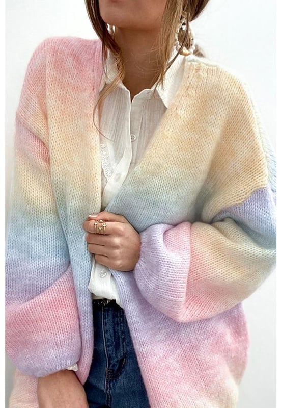 Basic style
  Slightly stretchy
  Material composition: 58% acrylic 9% nylon 29% polyester 4% woolly
  Care instructions: Machine wash cold tumble dry low
  Open front design
  Drop shoulder sleeves
  Gradient pattern
  Imported