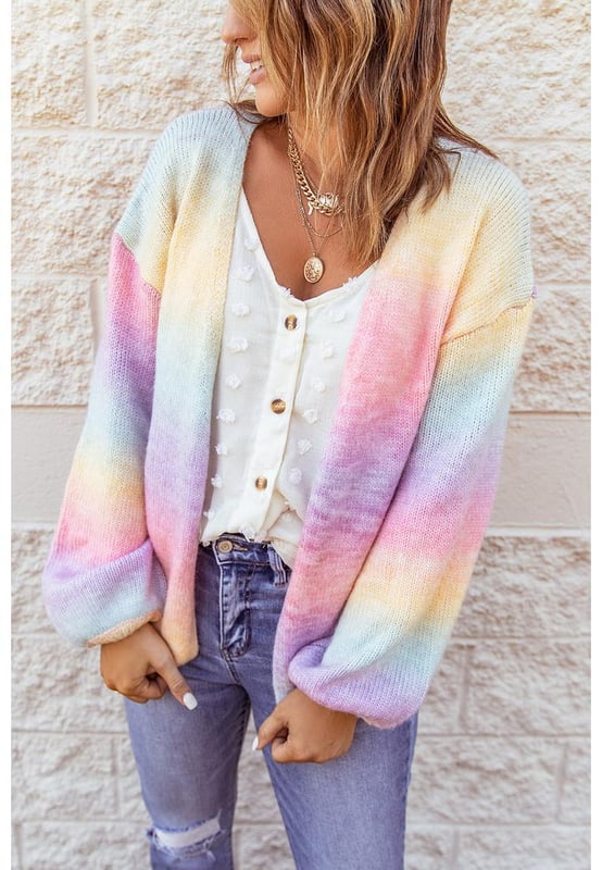 Basic style
  Slightly stretchy
  Material composition: 58% acrylic 9% nylon 29% polyester 4% woolly
  Care instructions: Machine wash cold tumble dry low
  Open front design
  Drop shoulder sleeves
  Gradient pattern
  Imported