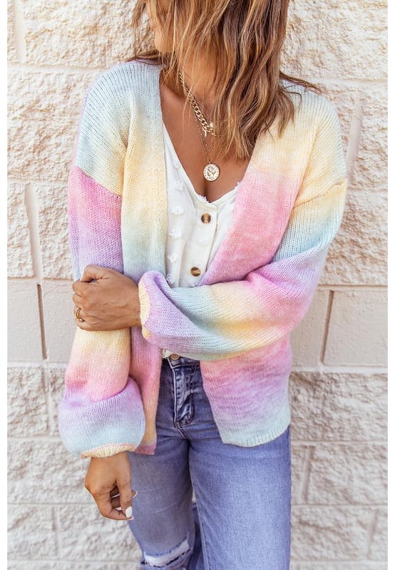 Basic style
  Slightly stretchy
  Material composition: 58% acrylic 9% nylon 29% polyester 4% woolly
  Care instructions: Machine wash cold tumble dry low
  Open front design
  Drop shoulder sleeves
  Gradient pattern
  Imported