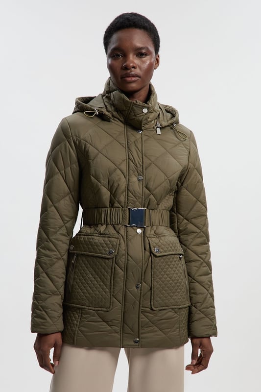 Diamond Quilted Belted Short Padded Coat