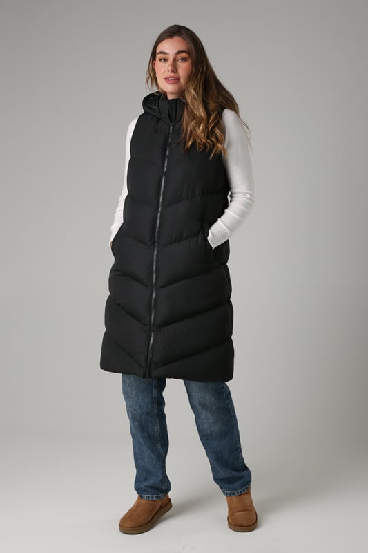 Black Midi Quilted Gilet With Hood
