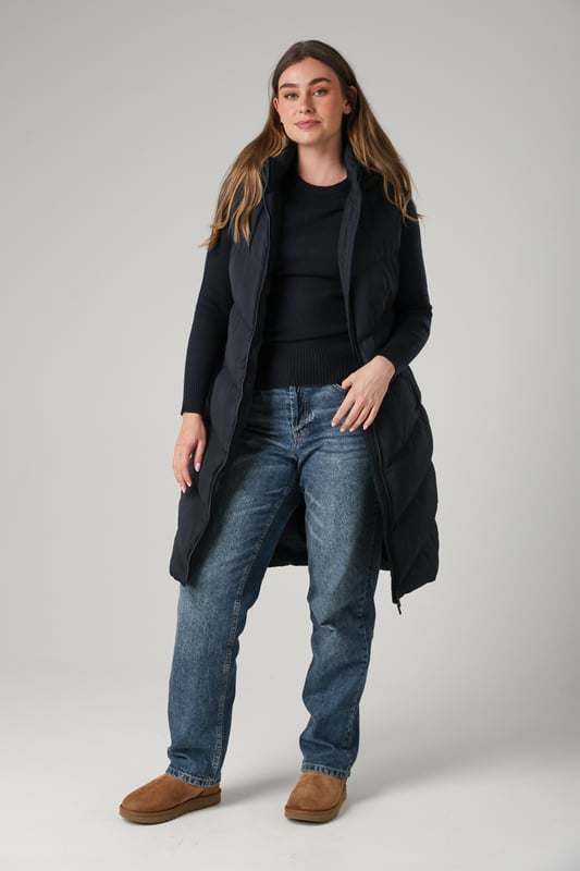 Navy Midi Quilted Gilet With Hood