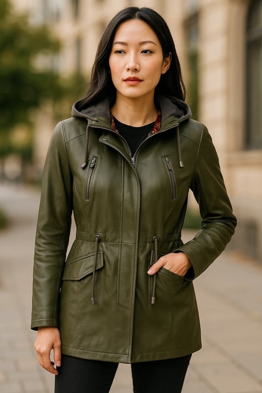 Erleben Sie Eleganz und Wärme mit dieser eleganten Winterjacke. Ihr Außendesign strahlt einen raffinierten Charme aus, ideal für alle, die Eleganz bei kaltem Wetter suchen. Innen sorgt ein kuscheliges Futter mit Karomuster für Wärme und Komfort, ergänzt durch einen Hüftbund für zusätzliche Behaglichkeit. Der Frontreißverschluss ist unter einem Hosenschlitz mit Knopf verborgen, was zu einer klaren und eleganten Ästhetik beiträgt. Design-Highlights: Hergestellt aus 100 % hochwertigem, ultraweichem Nappaleder für außergewöhnliche Qualität und Komfort. Ausgestattet mit einem verdeckten YKK-Reißverschluss und einer verstellbaren Kapuze für verbesserten Schutz vor den Elementen. Verfügt über vier Außentaschen mit verdeckter Hardware, wodurch der schlichte Look der Jacke erhalten bleibt. Ein Kordelzugmotiv auf der Vorderseite der Jacke verleiht einen Hauch von Stil und Vielseitigkeit. Diese Jacke vereint nahtlos Stil und Funktion und ist somit eine ausgezeichnete Wahl für alle, die bei ihrer Winterkleidung sowohl Eleganz als auch Wärme schätzen. Werten Sie Ihre Wintergarderobe mit diesem außergewöhnlichen Stück auf.