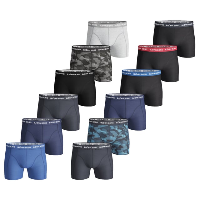 12-Pack heren boxers van het merk Bjorn Borg. De boxershorts van Bjorn Borg zijn gemaakt van katoen en elastaan, waardoor de stof lekker veel rek heeft. Het zachte katoen zorgt voor een heerlijk draagcomfort.  Merk: Bjorn BorgModelnaam: 12-Pack MixCategorie: heren boxersMaterialen: katoen, elastaanKleur: zwart, blauw, grijs
